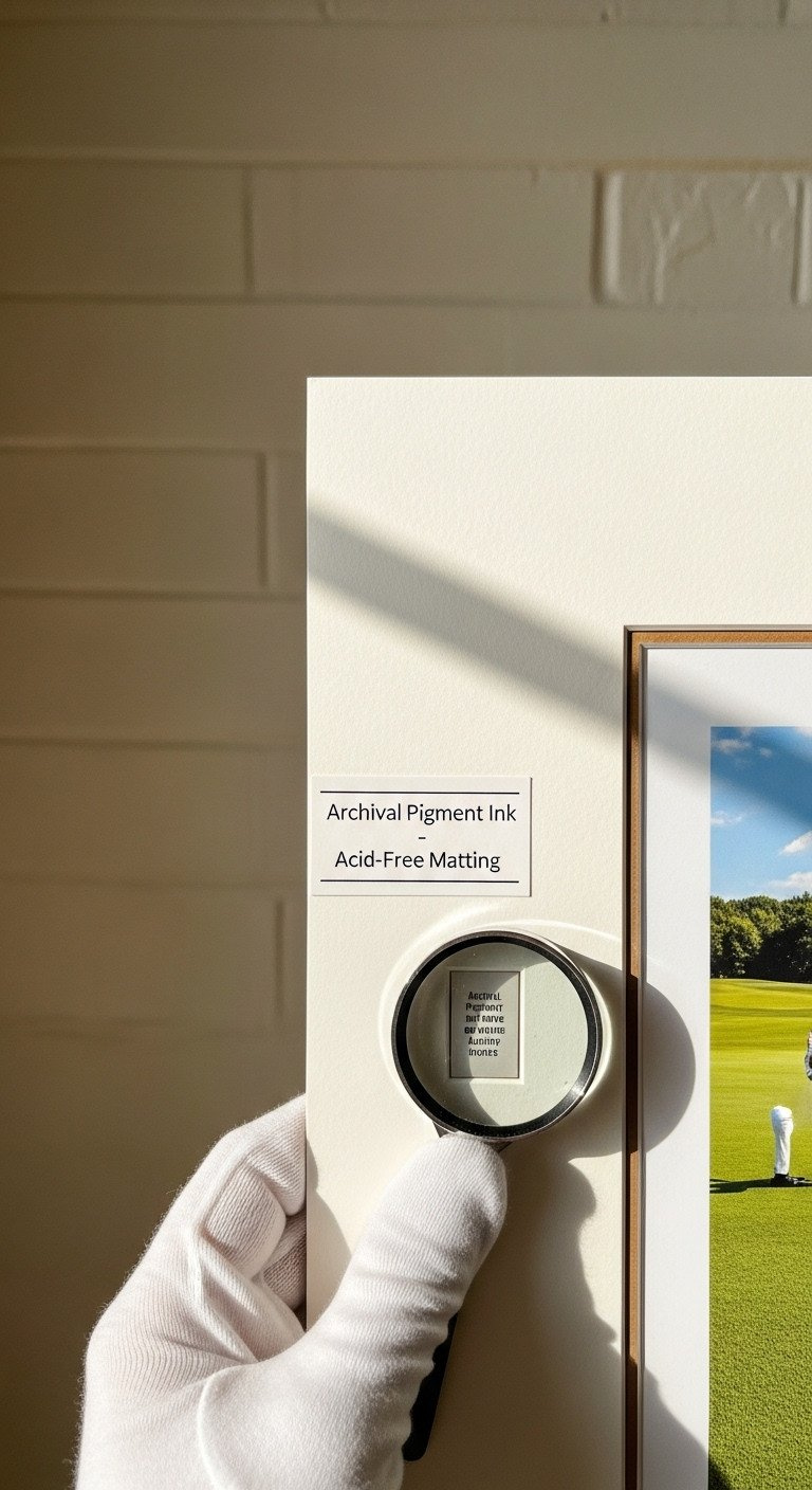 Golf Wall Art: Expert Design And Installation Guide Macro Shot: Corner Of Matted Golf Print With Technical Label, Highlighting Museum-Grade Matting, Archival Pigment Ink Detail, And Print Quality.
