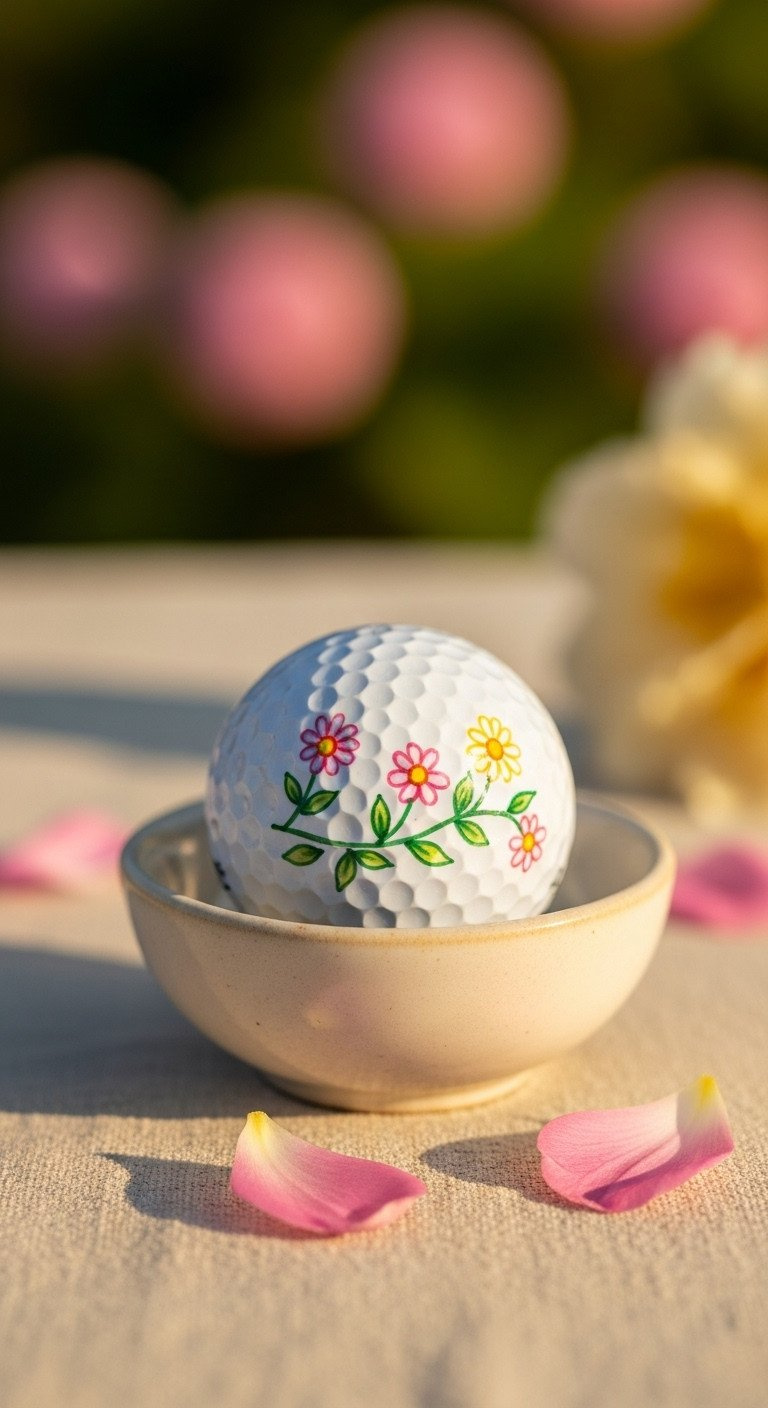 Macro Shot Of A Golf Ball Decorated With A Diy Floral Vine Doodle Of Pink And Yellow Daisies Using Colored Sharpie Markers.