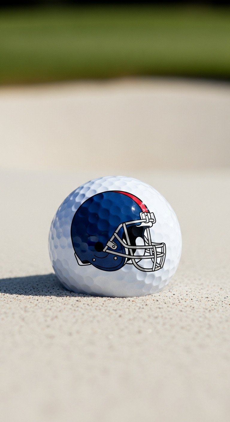 Macro Shot Of A Golf Ball In A Sand Bunker With A Detailed, Hand-Drawn Football Helmet In Navy, Silver, And Red Colors.