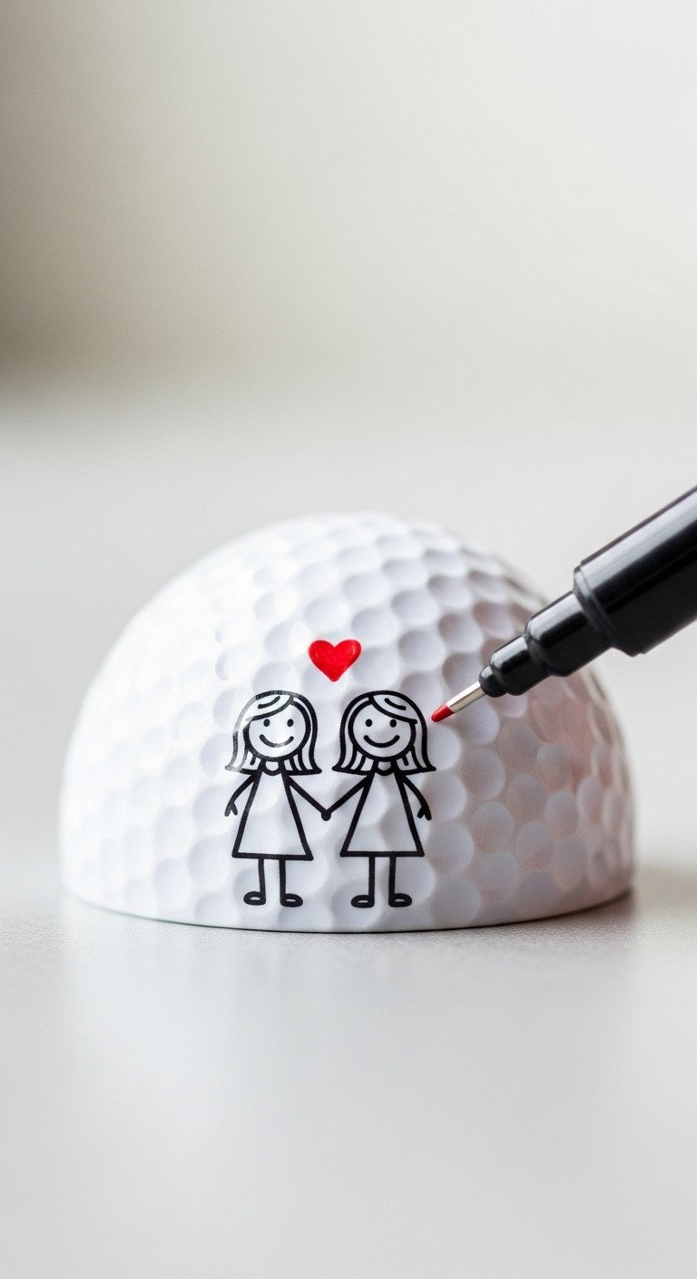 Macro Shot Of A Golf Ball With A Cute Stick-Figure Couple Drawing And A Red Heart, A Whimsical Diy Romantic Gift Idea.