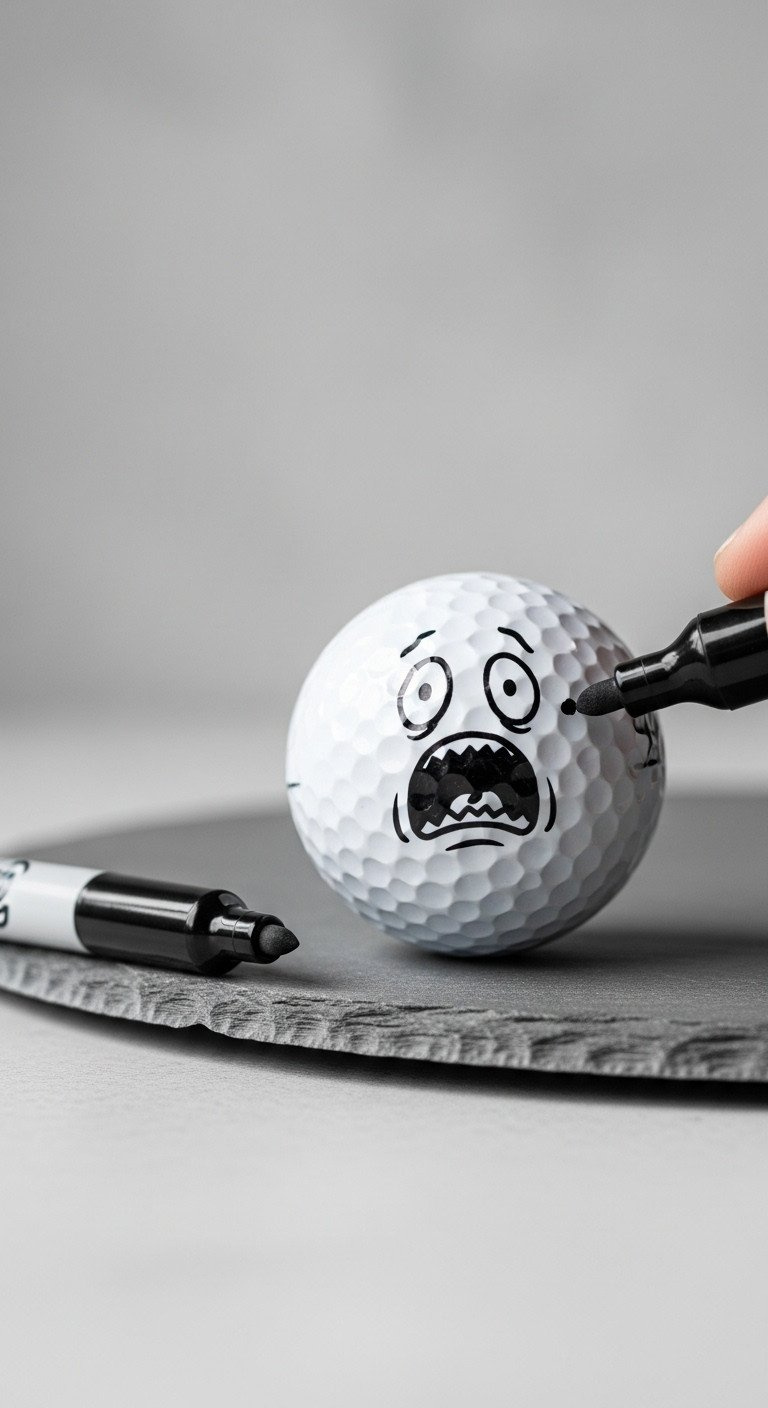 Macro Shot Of A Golf Ball With A Hilarious, Hand-Drawn Panicked Face Emoji, Resting On A Gray Slate Surface With A Sharpie Nearby.