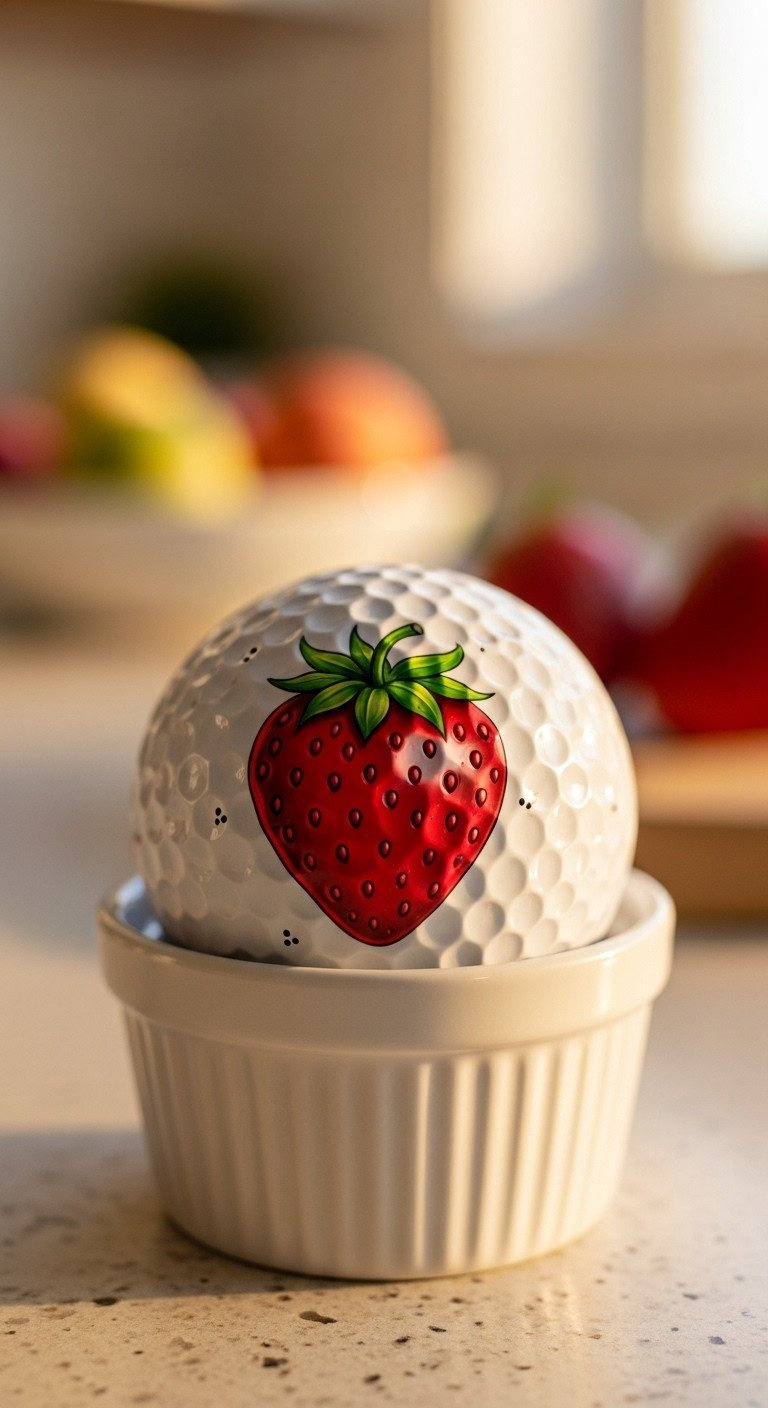 Macro Shot Of A Hand-Drawn Strawberry With A Green Top On A White Golf Ball, A Sweet Summer Diy Sharpie Craft Project.