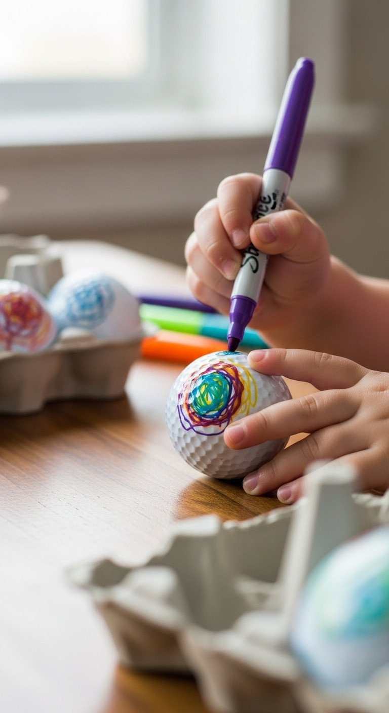 How To Draw On Golf Balls For A Brilliant Fathers Day Gift Macro Shot Of A Toddler'S Hand Holding A Purple Sharpie, Scribbling On A White Golf Ball For A Charming Diy Kids Craft Project.