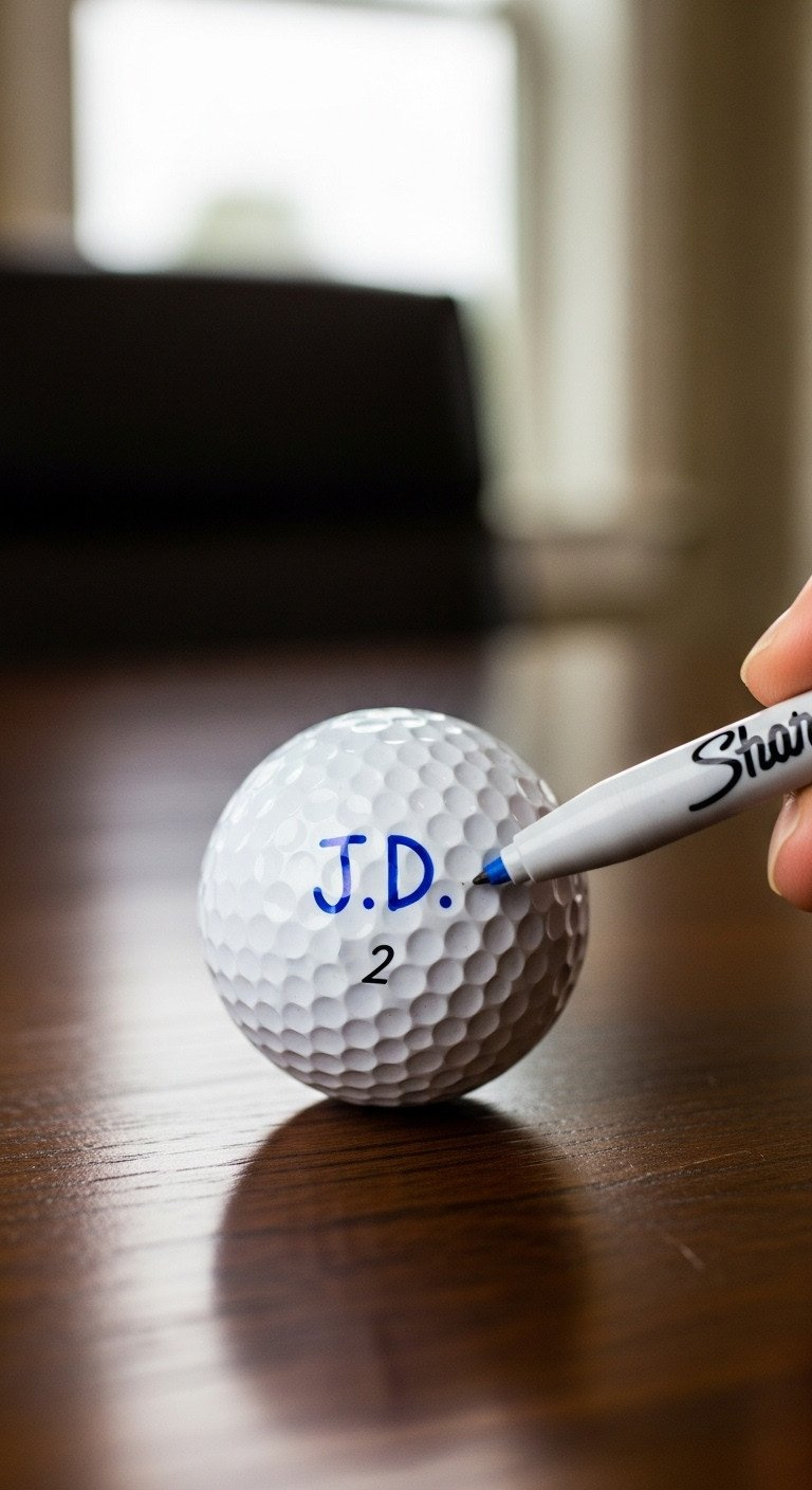 11 Simple Sharpie Golf Ball Designs You Can Actually Draw Macro Shot Of A White Golf Ball Customized With The Initials 'J.d.' In Blue Sharpie, Resting On A Dark Wooden Desk.