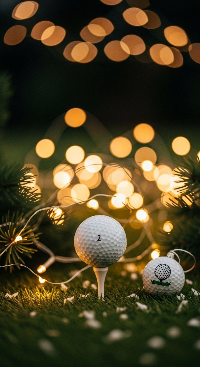 Macro Shot Of Golf Ball On Tee With Twinkling Christmas Lights Bokeh, Green Turf, Artificial Snow, And Ornament.