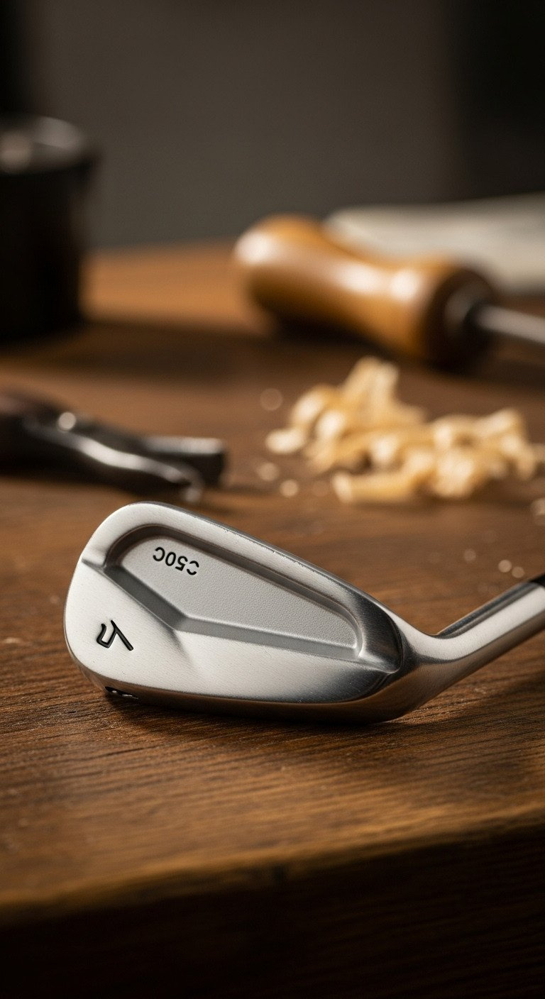 Macro Shot: Precision-Forged S20C Carbon Steel Golf Iron Clubhead On Dark Wood Workbench, Tools, Shavings. Monozukuri Craftsmanship.