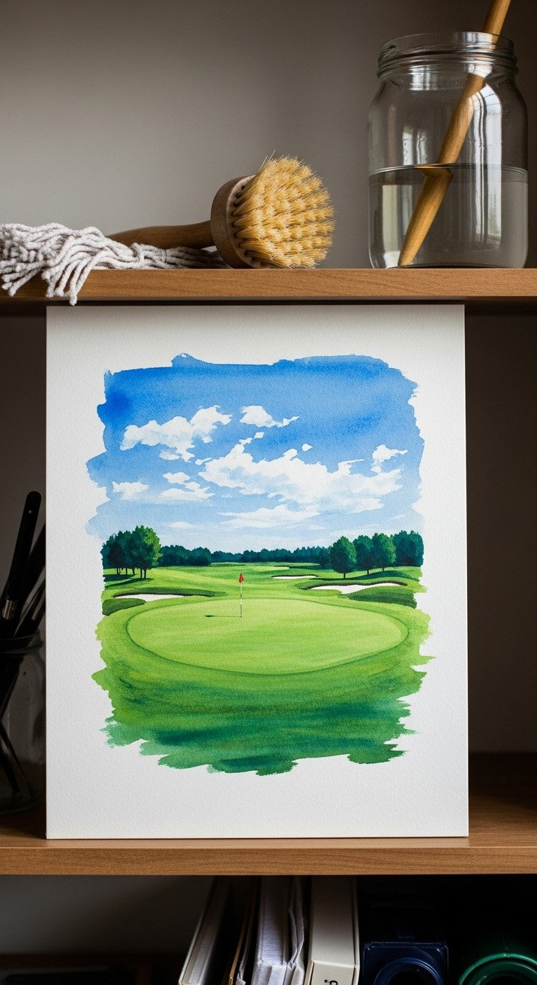 Macro View Of Wet-On-Wet Watercolor Technique: Glowing Blue Wash On Textured Paper, Blending Like A Golf Course Sky.
