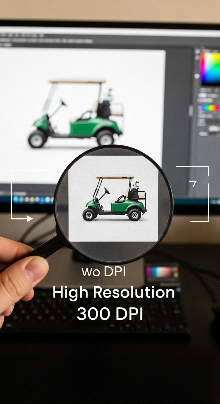 Magnifying Glass Showing Crisp, High-Resolution Watercolor Golf Cart Texture On A Monitor Screen. Digital Art File Detail At 300 Dpi.