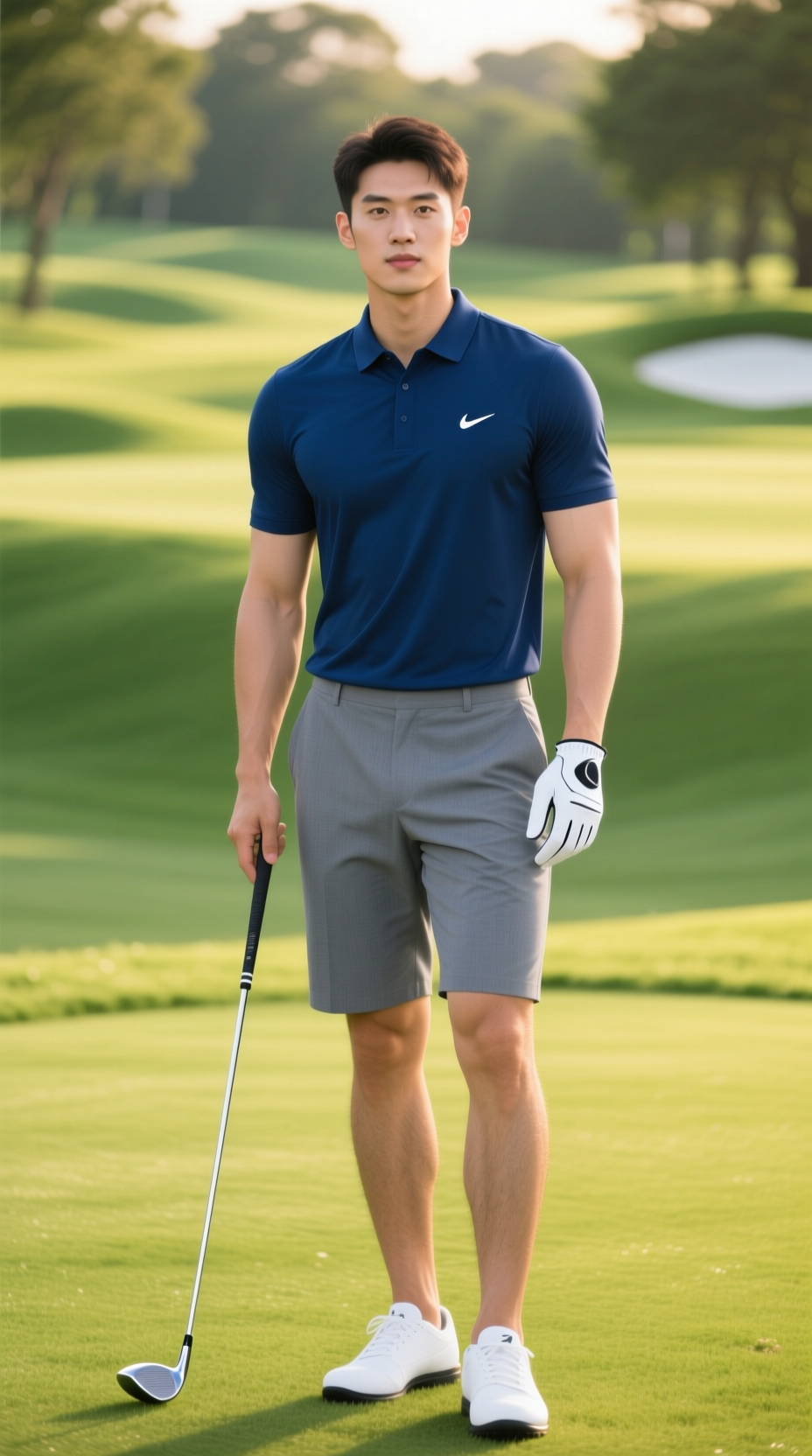Male Golfer In A Navy Blue Performance Polo And Grey Technical Shorts Holds A Driver On A Lush Green Golf Course Fairway.
