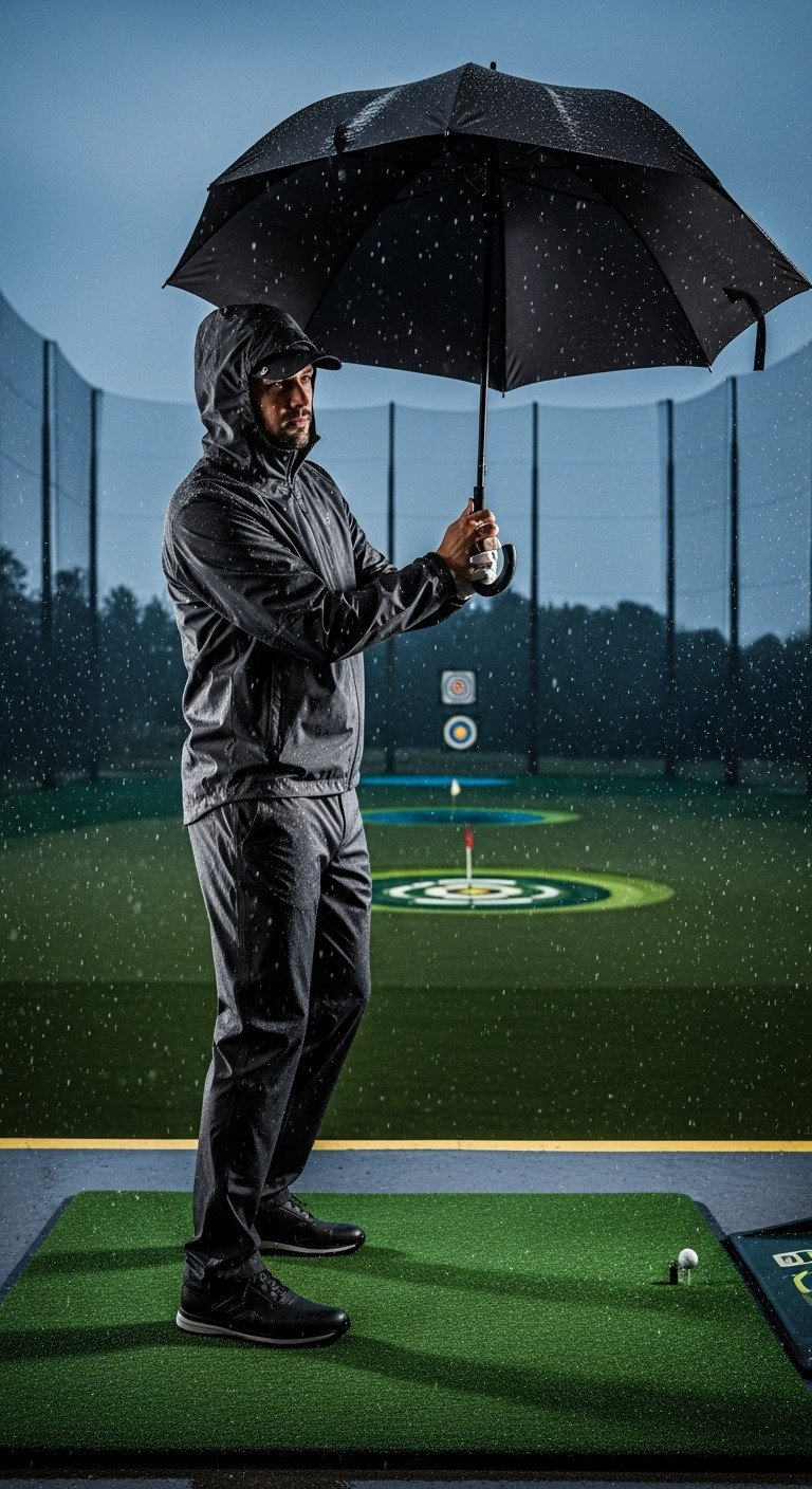 9 Perfect Golf Range Outfit Ideas For Style And Comfort Male Golfer In Dark Gray Waterproof Golf Jacket &Amp; Rain Pants, Swinging With Umbrella At Range, Protecting Against Rain &Amp; Wind.