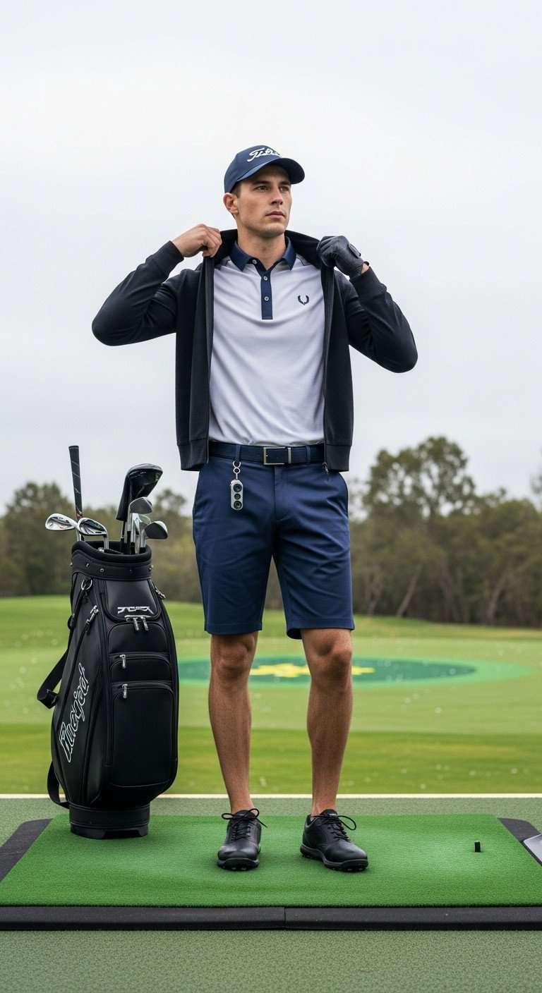 9 Perfect Golf Range Outfit Ideas For Style And Comfort Male Golfer In Navy Golf Shorts, White Polo, And Black 1/4 Zip Pullover On Range, Demonstrating Cool Weather Layering &Amp; Mobility.