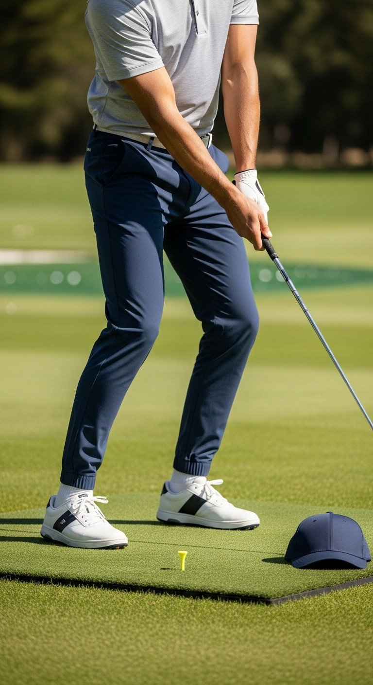 9 Perfect Golf Range Outfit Ideas For Style And Comfort Male Golfer In Navy Performance Joggers &Amp; Light Gray Athletic Polo Finishes Swing At Driving Range, Highlighting Range Of Motion.