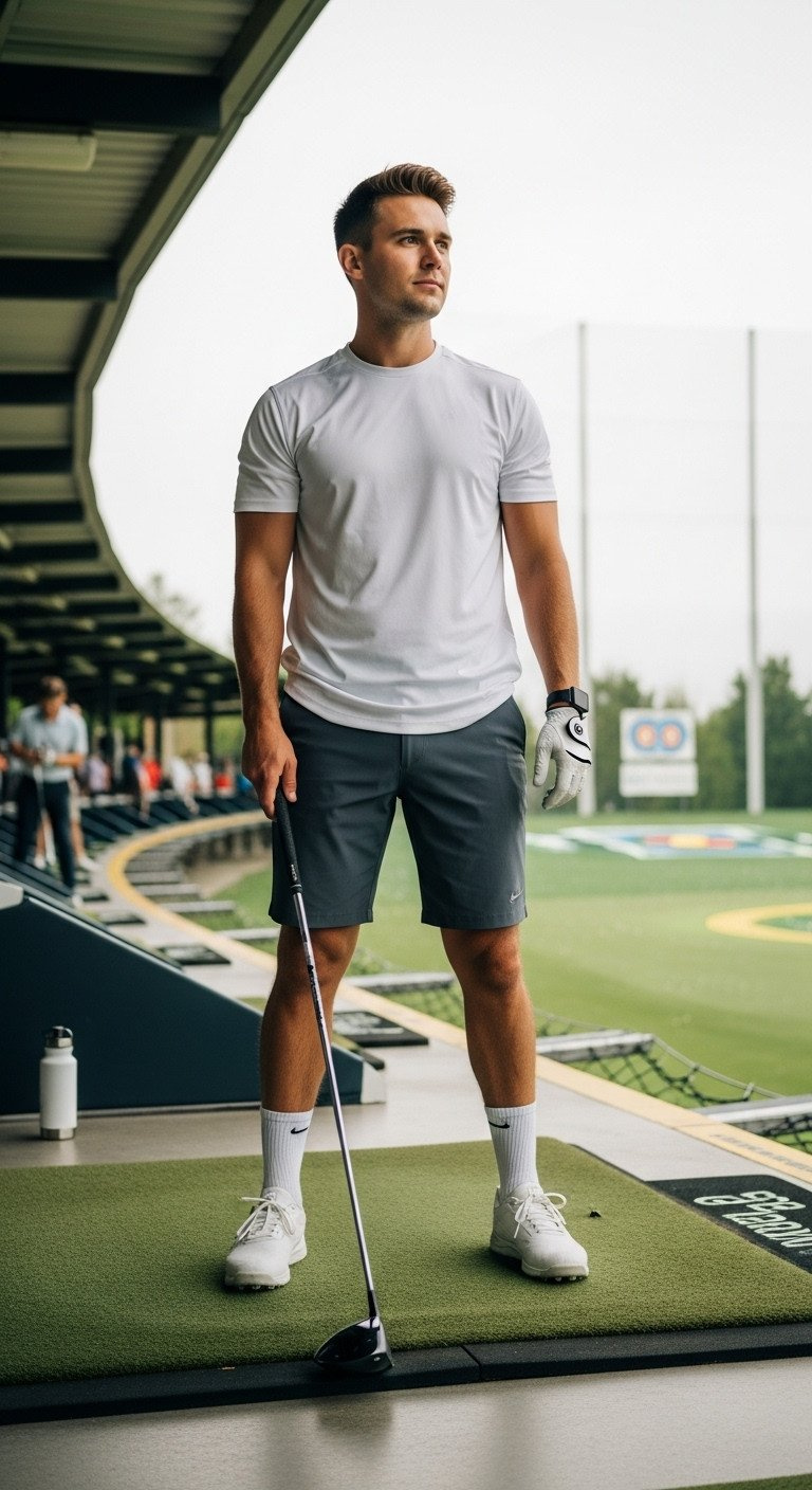 9 Perfect Golf Range Outfit Ideas For Style And Comfort Male Golfer In White Crew Neck T-Shirt &Amp; Dark Gray Athletic Shorts Casually Holds Driver At Bustling Public Driving Range.