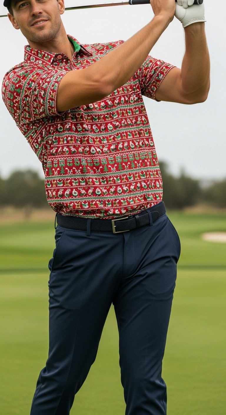 Man In A Festive &Quot;Ugly Christmas Sweater&Quot; Golf Polo, Red, Green, And White, Mid-Swing On A Sunny Golf Course.