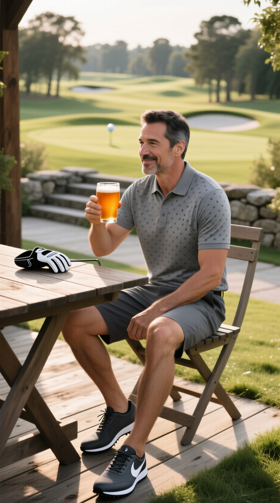 Man In A Heathered Grey Polo And Charcoal Hybrid Shorts Relaxes With A Beer On A Golf Clubhouse Patio After His Round.