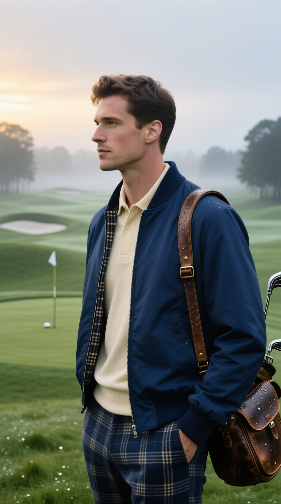The Vintage Golf Aesthetic A Guide To Mastering The Look Man In A Navy Blue Lightweight Harrington Jacket With A Visible Tartan Lining, Looking Out Over A Misty Golf Course.