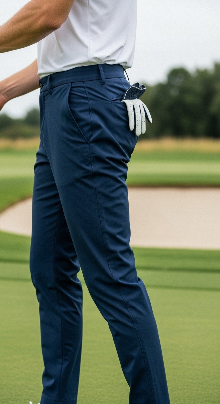 Man In Tailored Navy Golf Jogger And White Moisture-Wicking Shirt, With Visor And Glove, On A Green Near A Bunker.