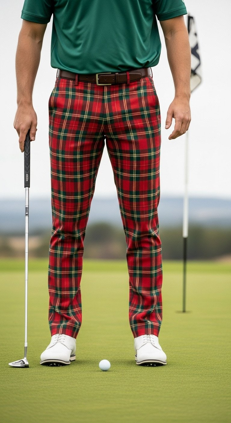 Man On Tee Box Wears Festive Red/Green Tartan Plaid Golf Trousers, Forest Green Polo, White Golf Shoes. Focus On Crisp Holiday Golf Pants.