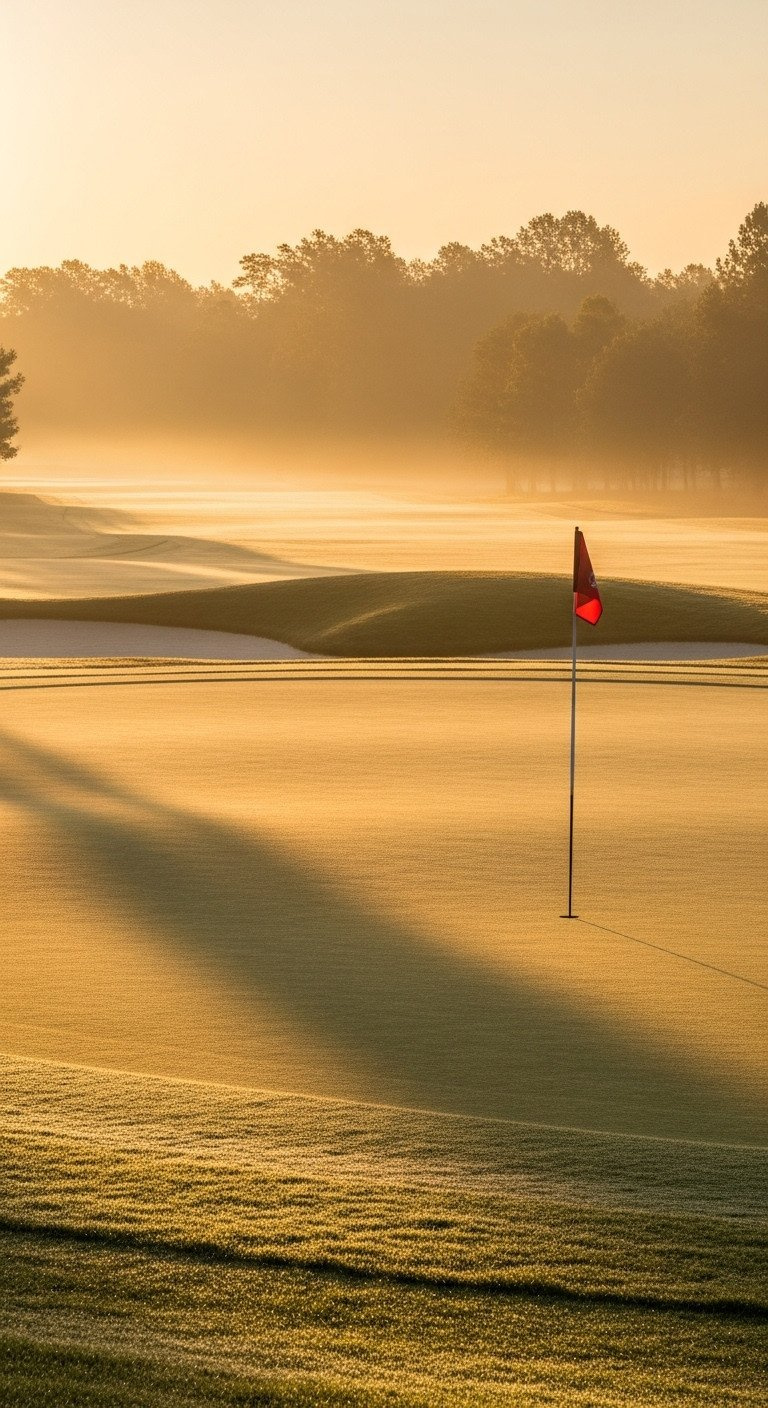 Manicured 18Th Golf Fairway Stretching At Golden Hour Sunset, With Long Shadows And A Distant Flagstick, Peaceful Golf Course View.
