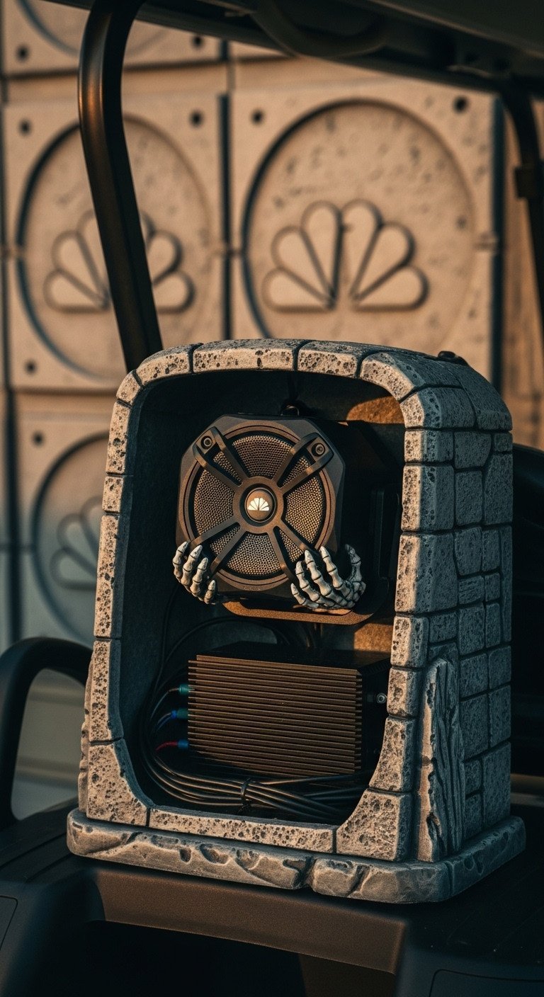 Marine-Grade Bluetooth Speaker System In A Faux-Stone, Nightmare Before Christmas Themed Enclosure On A Custom Golf Cart.