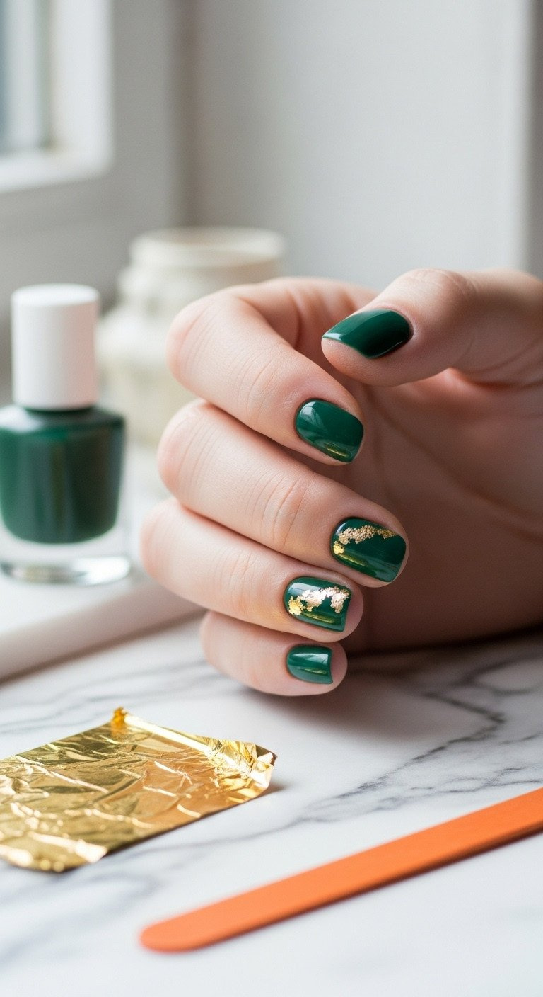 9 Genius Golf Nail Art Designs That Last Through Your Game Masters-Inspired Quiet Luxury Manicure: Deep Emerald Green Nails With Subtle Gold Foil. Marble, Blurred Gold Watch, Foil Sheet.