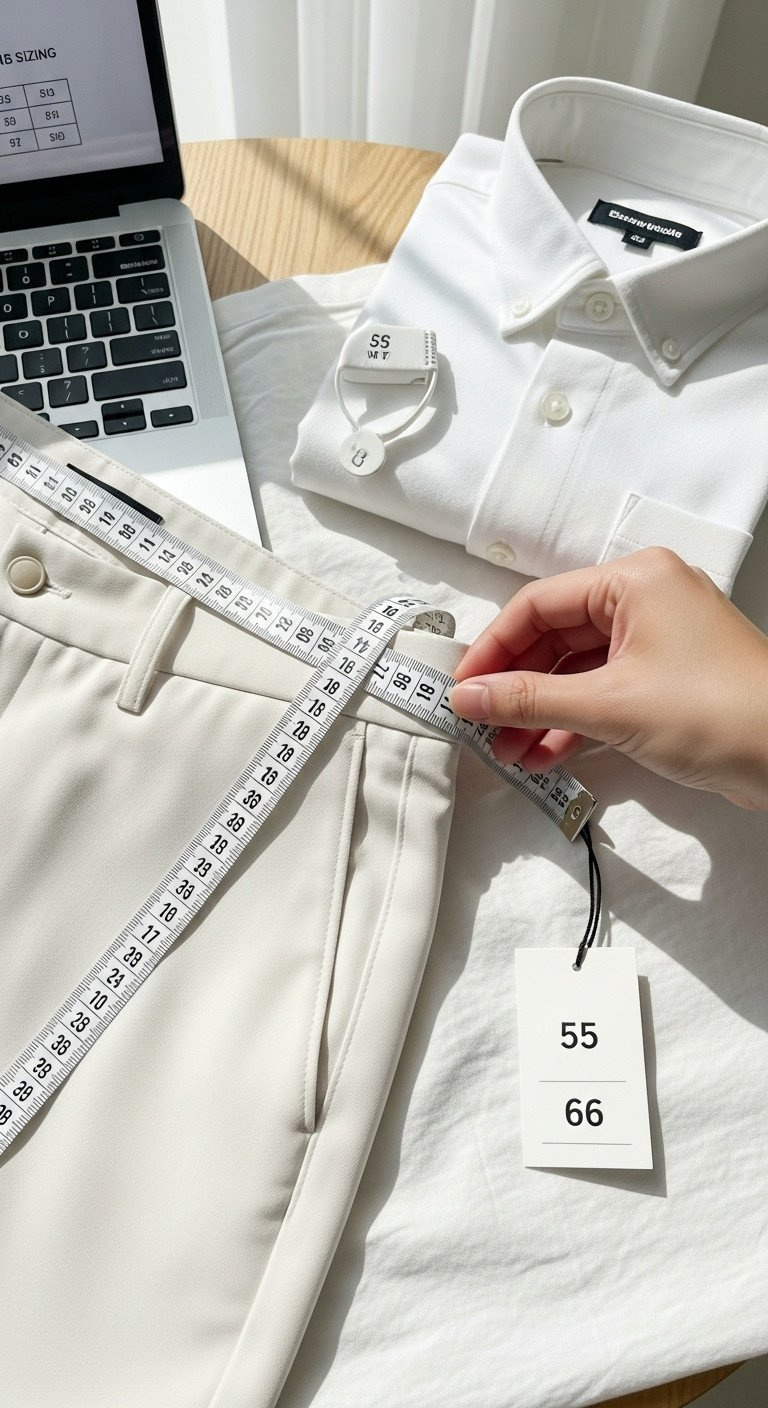 Measuring Tape On Technical Golf Trousers, Korean Size Tag (55/66) Visible, For Accurate Golf Apparel Sizing. Flat Lay.