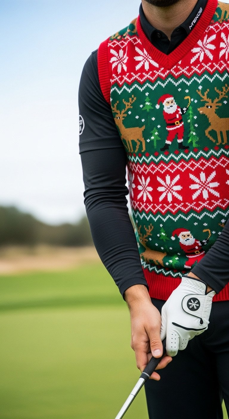 Men'S Christmas Golf Outfit: Vibrant Ugly Sweater Vest With Santa/Reindeer Over Black Performance Golf Shirt, Glove, Club On Fairway.