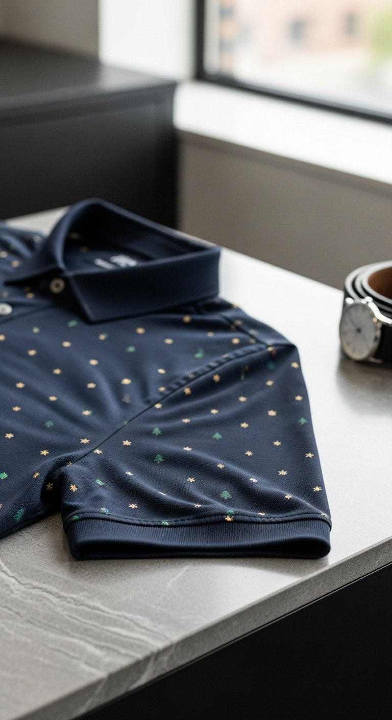 Men'S Athletic Fit Navy Golf Polo, Gold Stars &Amp; Pine Trees Micro-Pattern, Folded On Gray Stone With Leather Golf Belt, Watch.