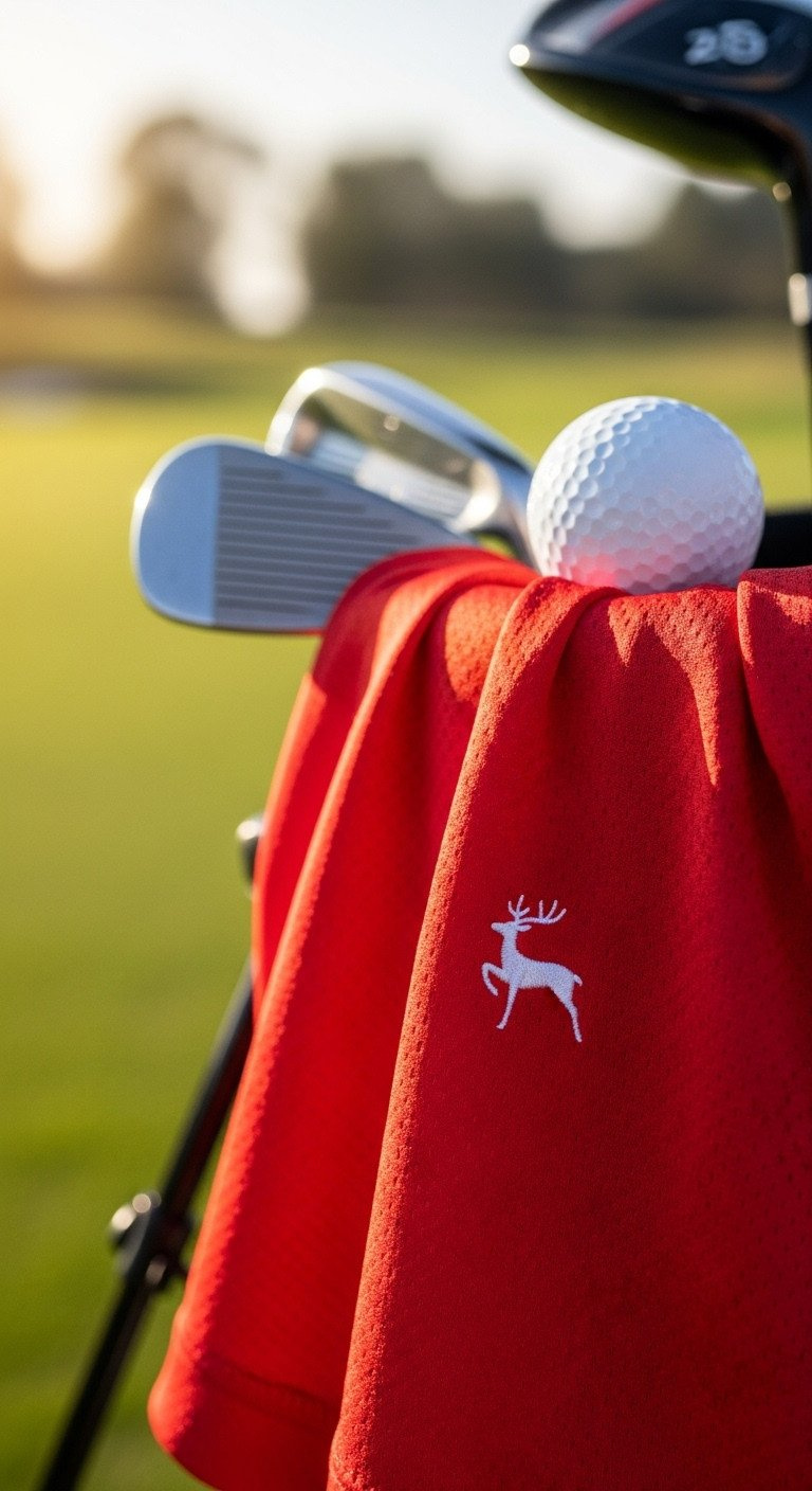 Men'S Bright Red Dry Fit Golf Shirt, Embroidered White Reindeer, Breathable Weave, Draped On Golf Bag With Golf Ball.