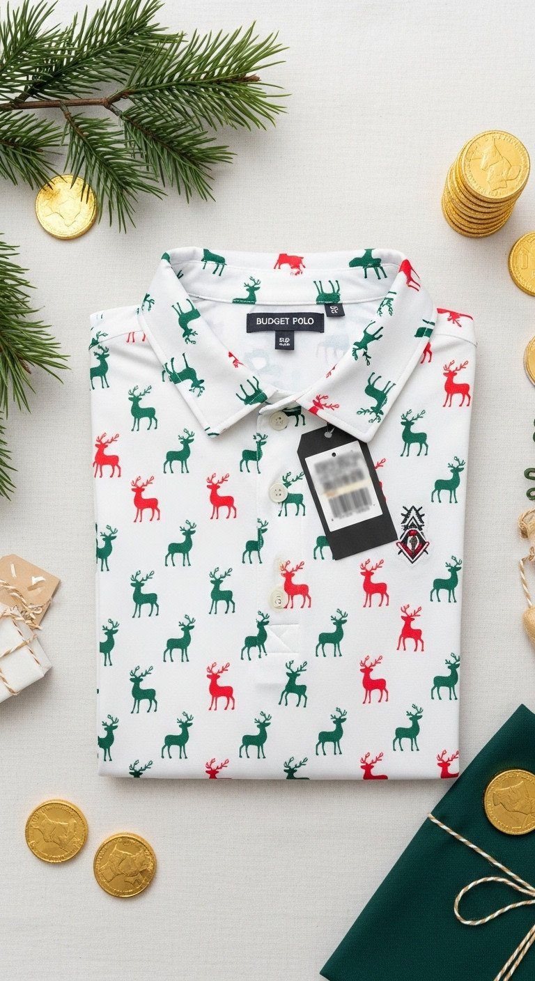 Men'S Festive Green Golf Polo With Reindeer Pattern, Budget-Friendly, Folded On White Linen With Gold Chocolate Coins, Gift Tag.