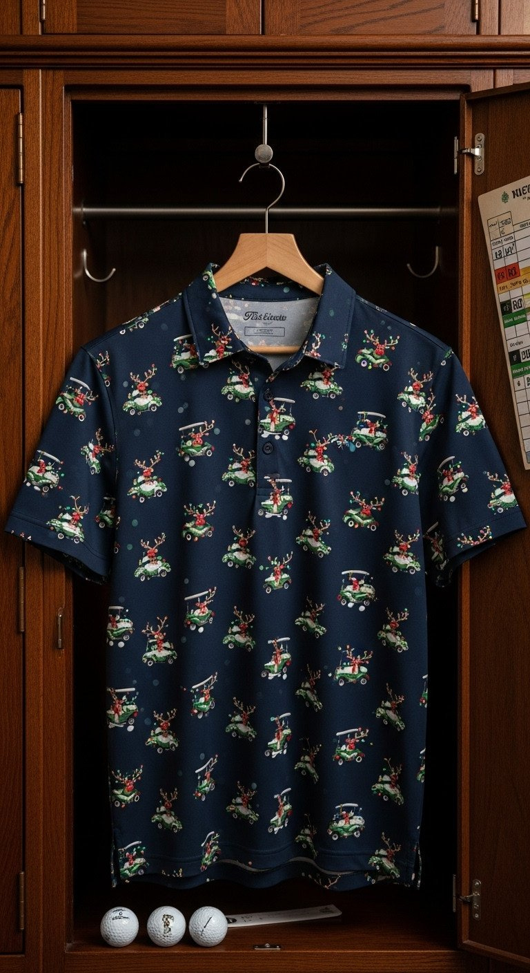 Men'S Navy Golf Polo, Christmas Golf Cart Print With Lights &Amp; Snow, Hanging On Locker, Blurred Locker Room, Golf Balls.