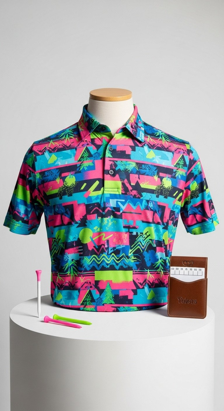 Men'S Retro '80S/'90S Neon Christmas Golf Polo, Geometric Pattern, On Mannequin With Pink Golf Tees, Scorecard Holder.
