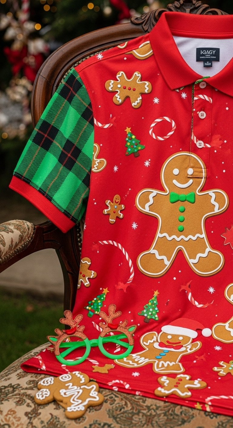 Men'S 'Ugly' Christmas Novelty Golf Polo Shirt, Gingerbread &Amp; Plaid Pattern, Draped On Antique Chair, Festive Party Background.