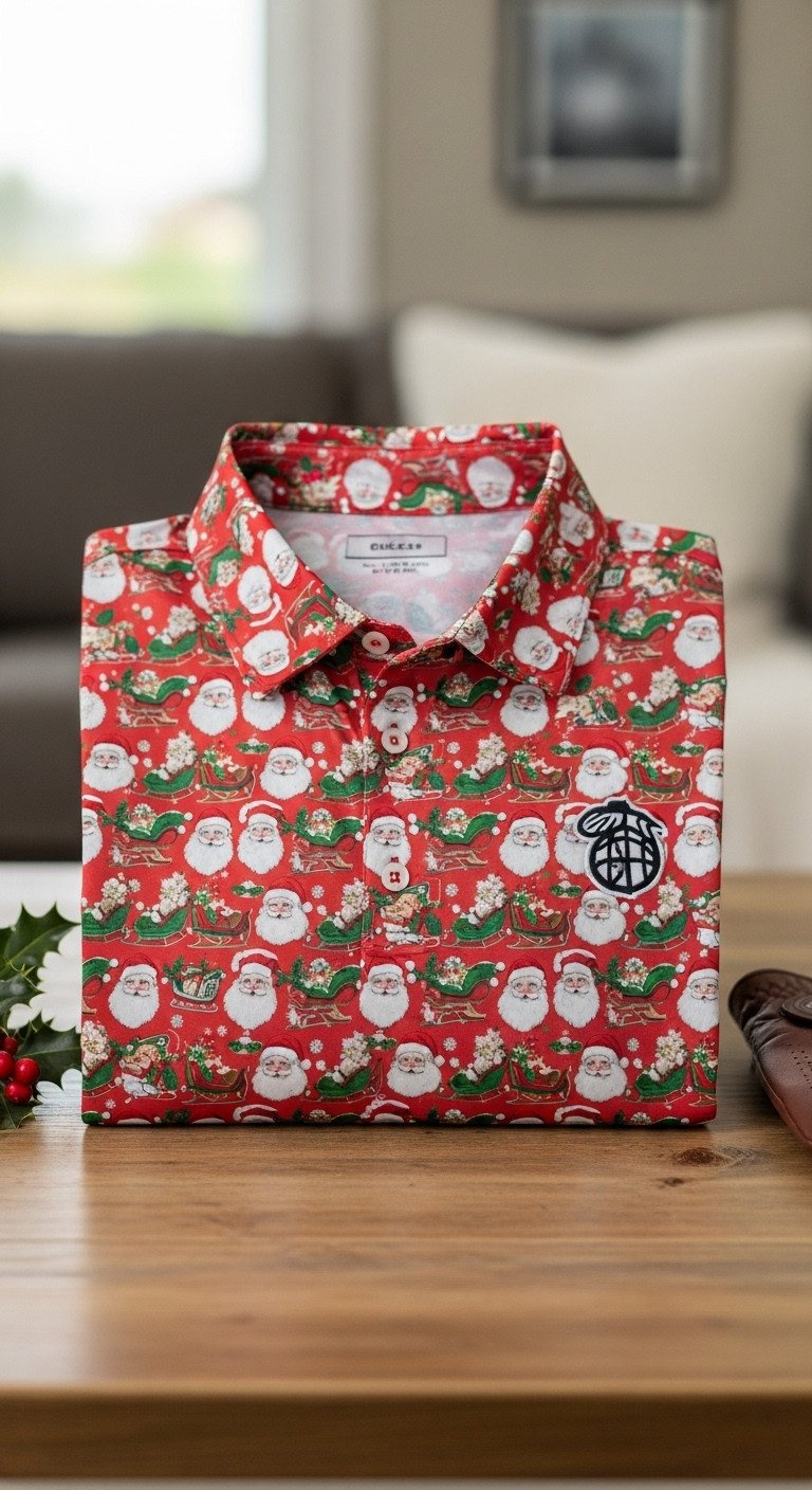 Men'S Vibrant Red, Green &Amp; White Santa Claus Golf Polo, Moisture-Wicking Fabric, Folded On Rustic Table With Golf Glove.