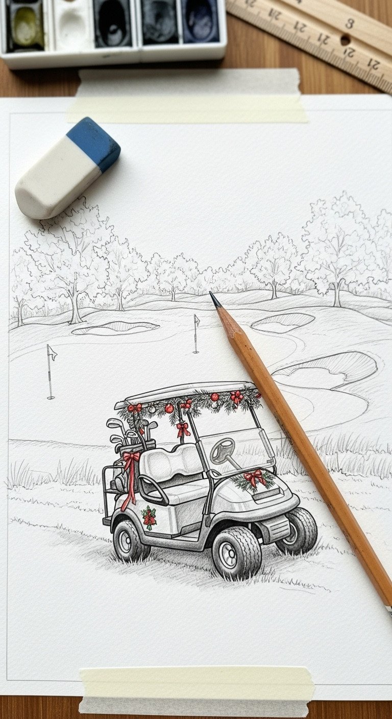 Meticulous Pencil Sketch Of A Christmas Golf Cart In A Golf Course Landscape On Watercolor Paper. Detailed Art Drawing.