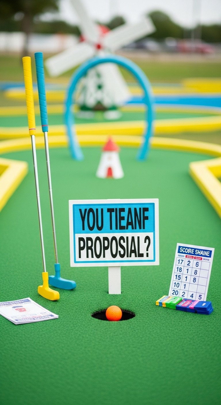 Mini Golf Proposal At The Final Hole, Custom Sign Blocking It, Bright Golf Ball Ready To Be Putted, Colorful Putters.