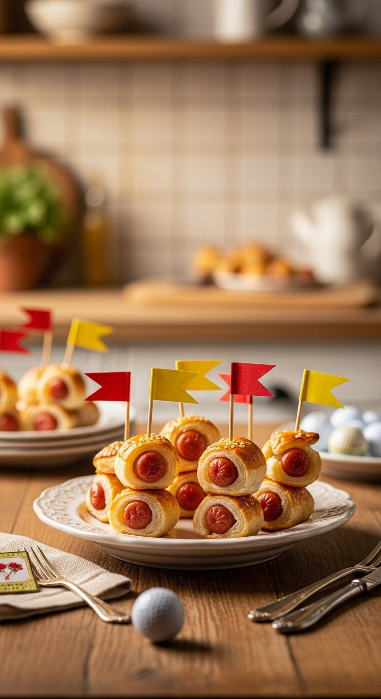 Mini Hot Dog And Sausage Skewers Wrapped In Puff Pastry With Red And Yellow Flagsticks, On A Rustic Wooden Table With Golf Balls, Perfect For Party Appetizers.