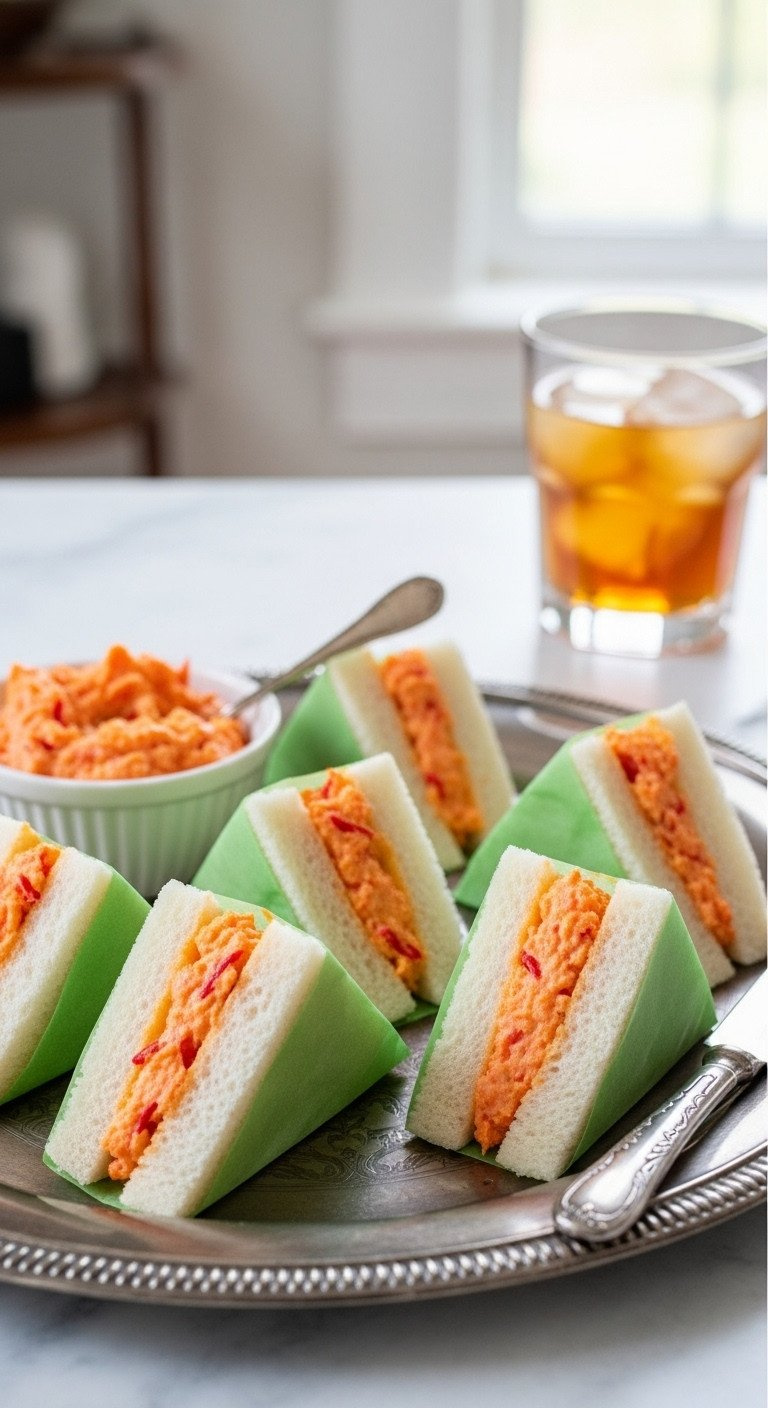Miniature Crustless Pimento Cheese Sandwiches, Triangular And Wrapped In Green Paper, On A Silver Tray With Iced Tea.