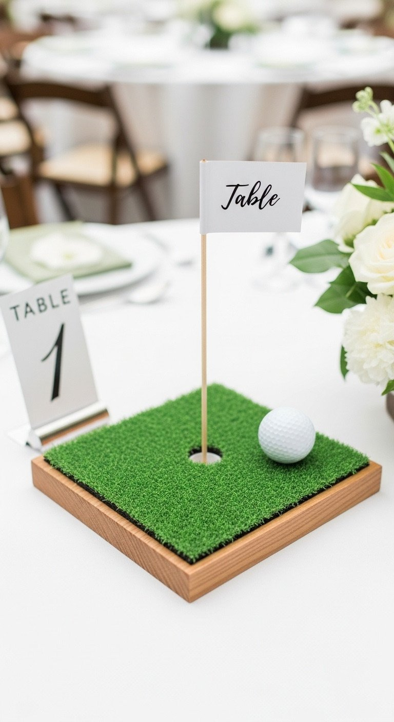 Miniature Golf Course Centerpiece: Artificial Turf, Flag Stick, Golf Ball On Wood Base. Perfect For Golf-Themed Event Tables.