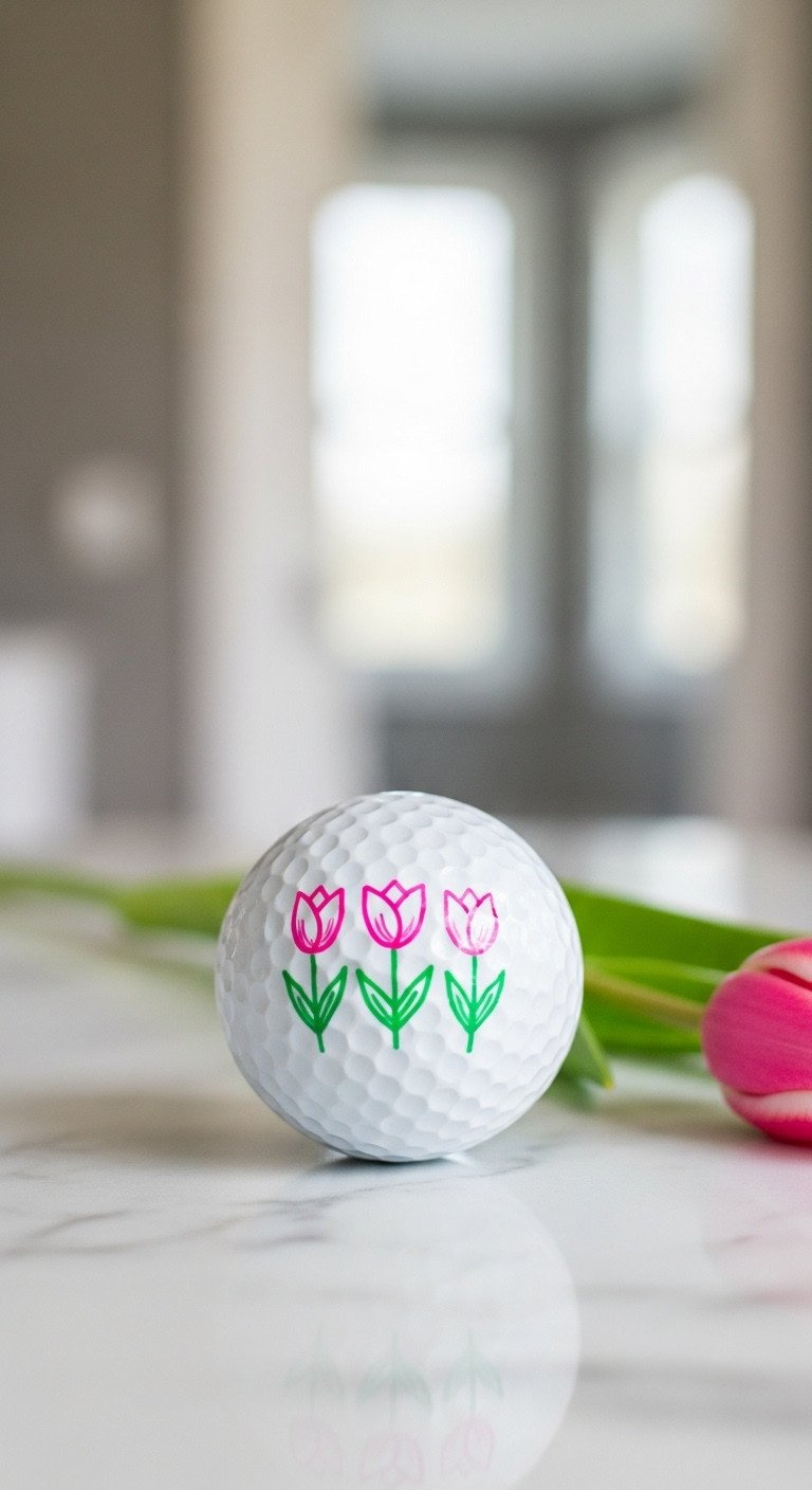 Minimalist Art On A White Golf Ball Featuring Three Pink Tulips With Green Stems, Placed On A Clean White Marble Surface.