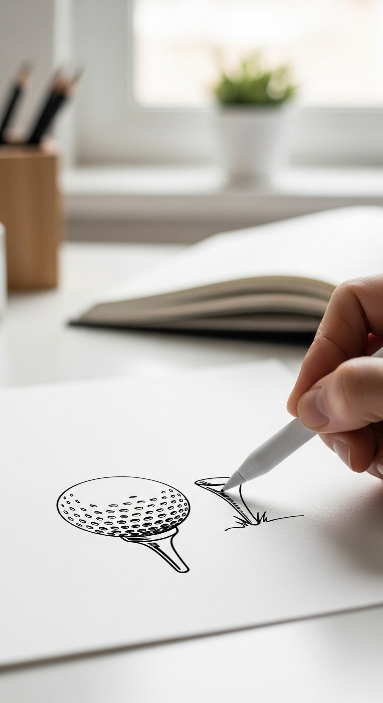 Minimalist Black Line Art Golf Ball And Tee Doodles On Textured Paper With A Digital Stylus, On A White Desk In A Creative Workspace.