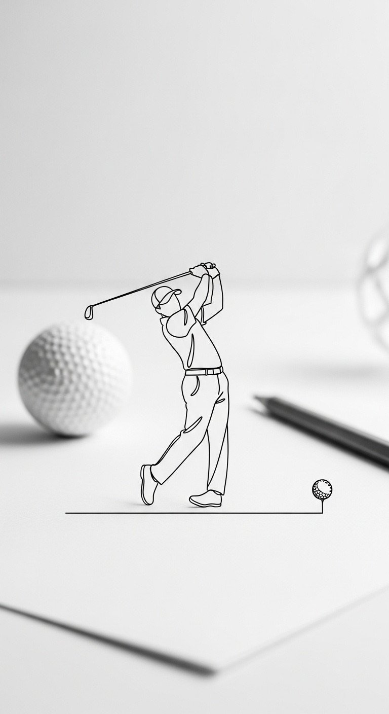 Minimalist Black Line Art Of A Golfer Mid-Swing On A White Paper Background With A Graphite Pencil And Golf Ball. Clean Geometric Design.