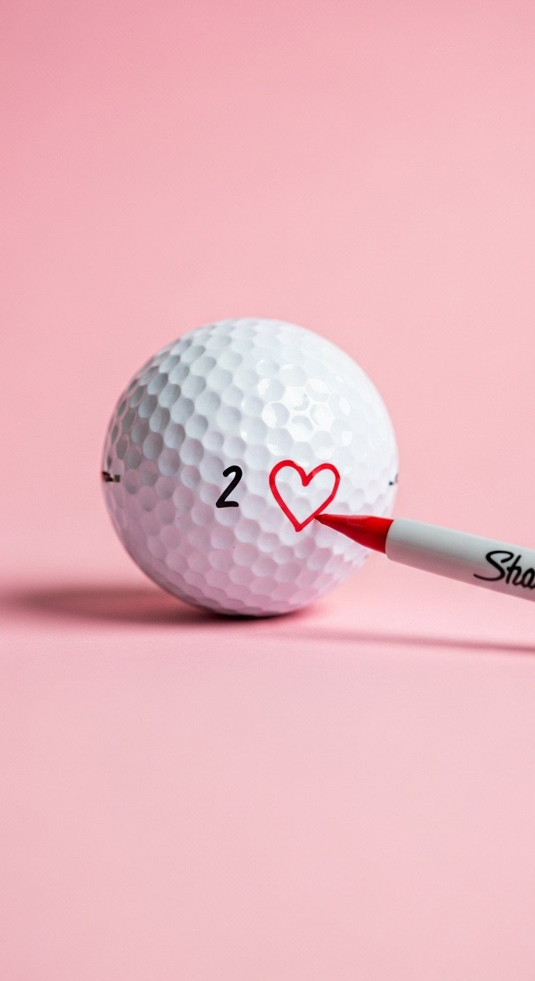 Minimalist Close-Up Of A White Golf Ball With A Small Red Sharpie Heart Outline Against A Soft Pink Background.