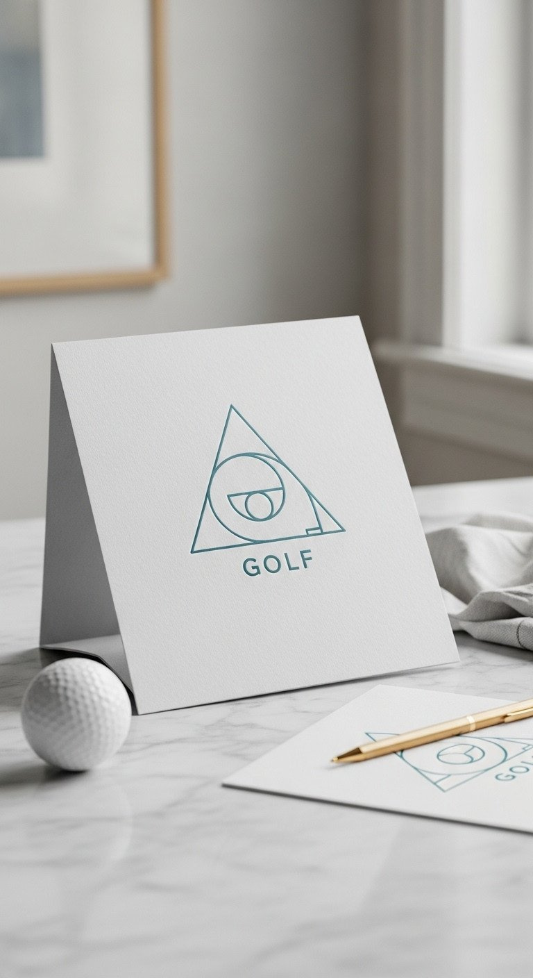 Minimalist Geometric Golf Logo On Textured Paper Mock-Up, Flat Lay On Marble With Golf Ball, White Napkin, Gold Pen. Blues &Amp; Whites.