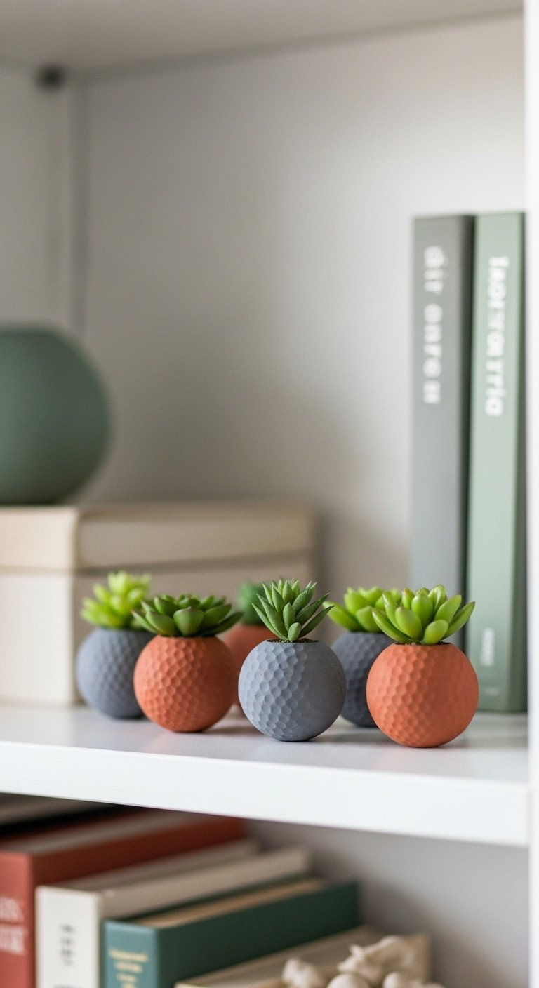 Minimalist Golf Ball Succulent Planters In Matte Gray And Terracotta With Faux Succulents On A Wooden Shelf. Modern Home Decor.