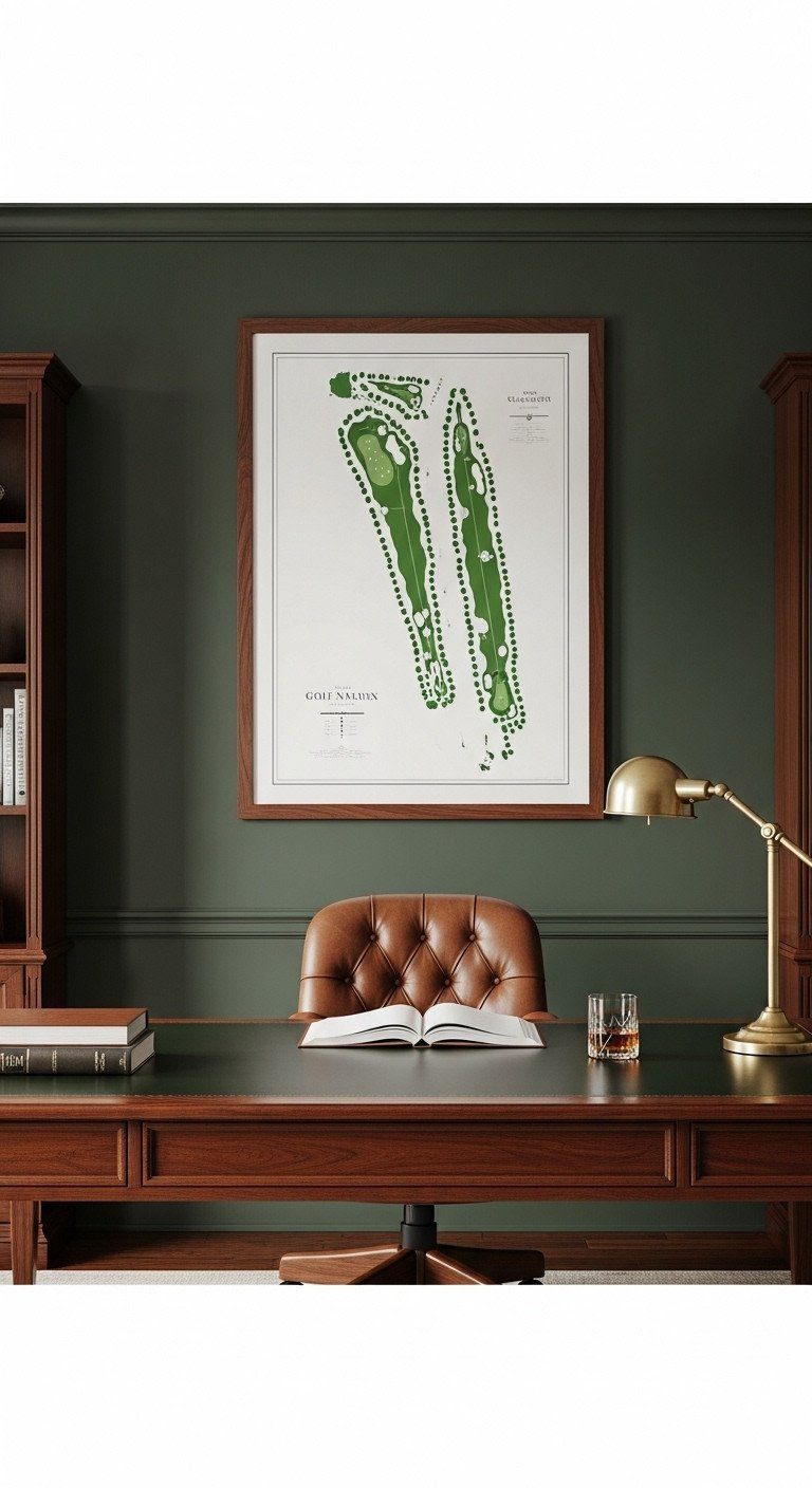 Minimalist Golf Course Map In A Walnut Frame Hanging On A Green Wall Above A Mahogany Desk In A Sophisticated Home Office.