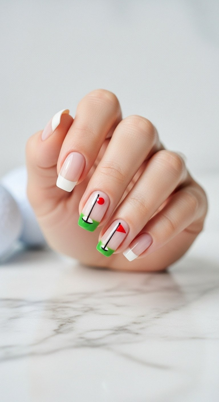 Minimalist Golf Manicure: Sheer Neutral Nails With Red Dot (Hole) And Black Line (Flagstick) Accents. Golf Balls Blurred In Background.