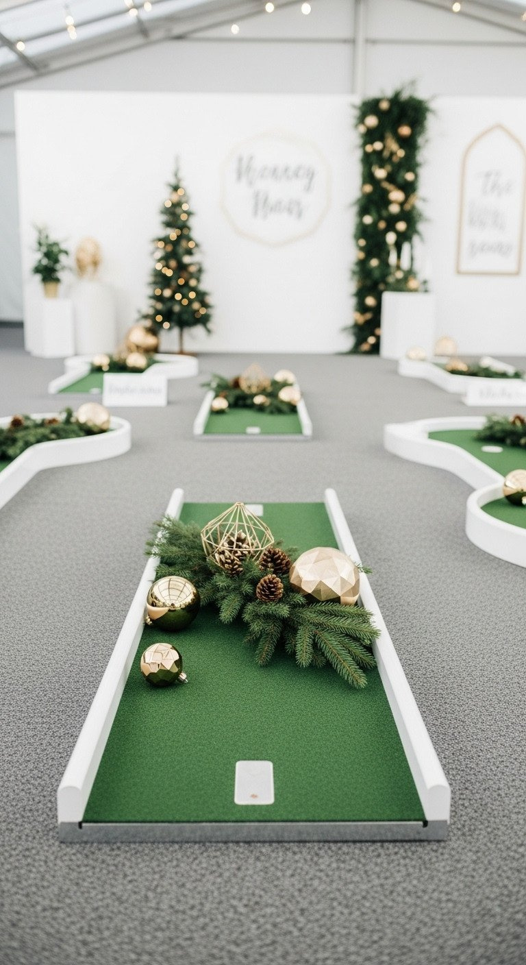 Minimalist Indoor Pop-Up Mini Golf Setup: Modular Course Components With Sleek Holiday Decor For A Modern Event Space.