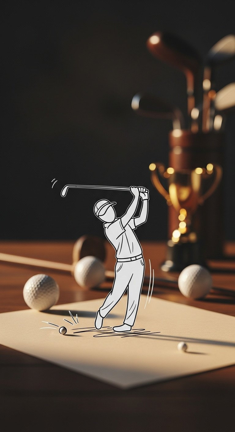 Minimalist Line Drawing Of Golfer Mid-Swing On Textured Paper, With A Wooden Golf Club Display, Trophy, And Scattered Balls.