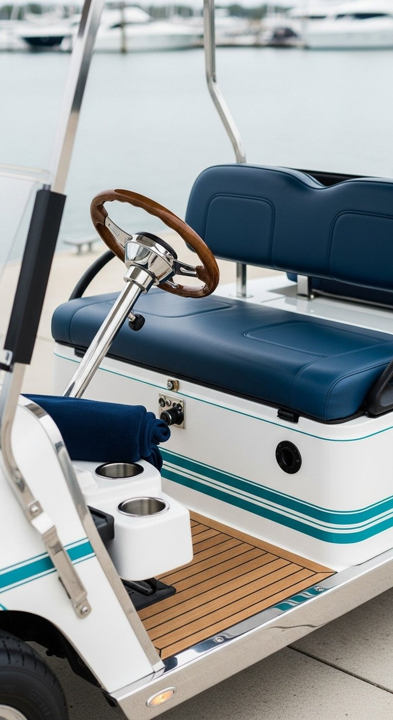 11 Genius Golf Cart Decorating Ideas To Win Every Contest Minimalist Luxury Yacht Golf Cart: White/Chrome, Teak Striping, Stainless Steel, Navy Upholstery, Wood Steering Wheel.